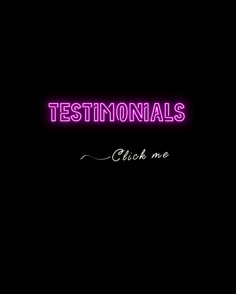The word "TESTIMONIALS" flickering in neon with a "Click me" trailing underneath.