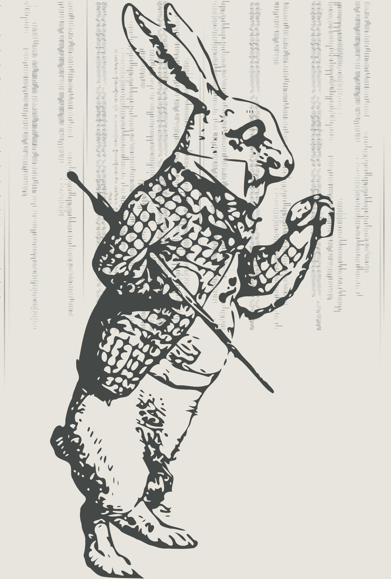 White Rabbit from "Alice in Wonderland" looking at a pocket watch with "Matrix" code running behind.